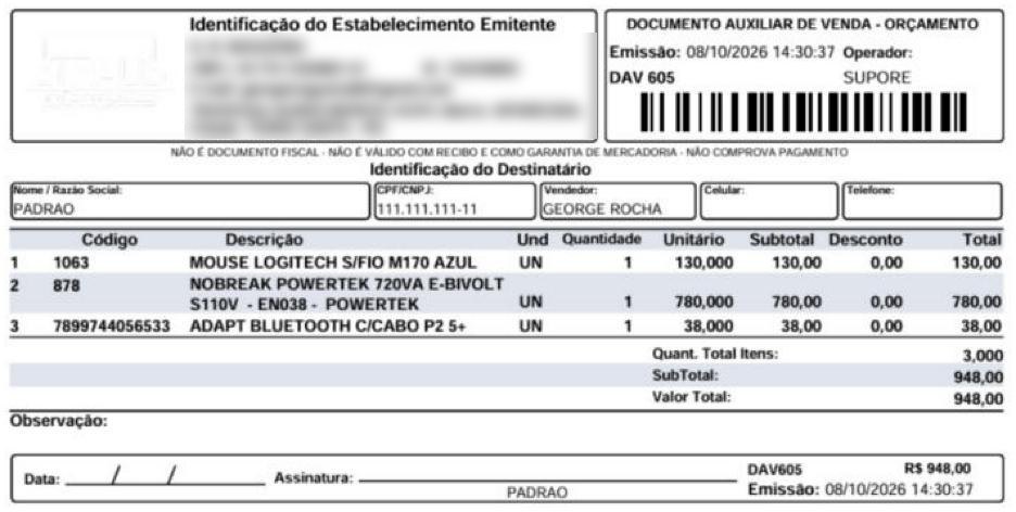 Orçamento impresso em A4