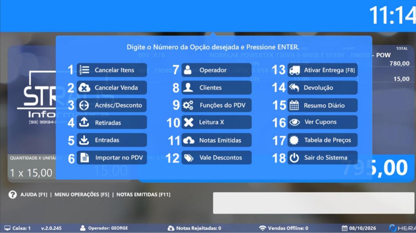 Menu de operações do PDV