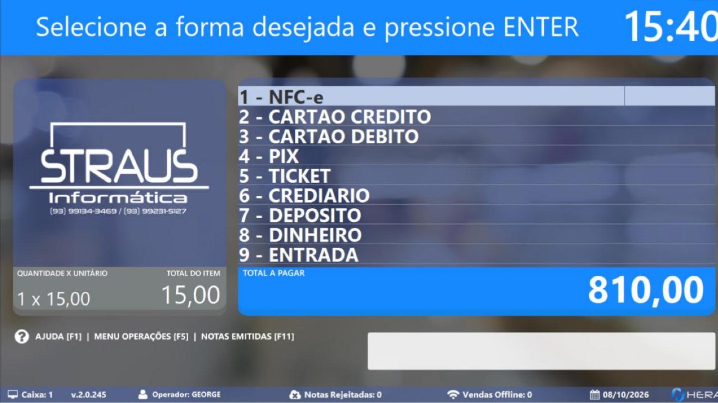 Escolha da forma de pagamento no PDV